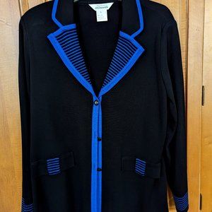 Sweater, black with blue accents.